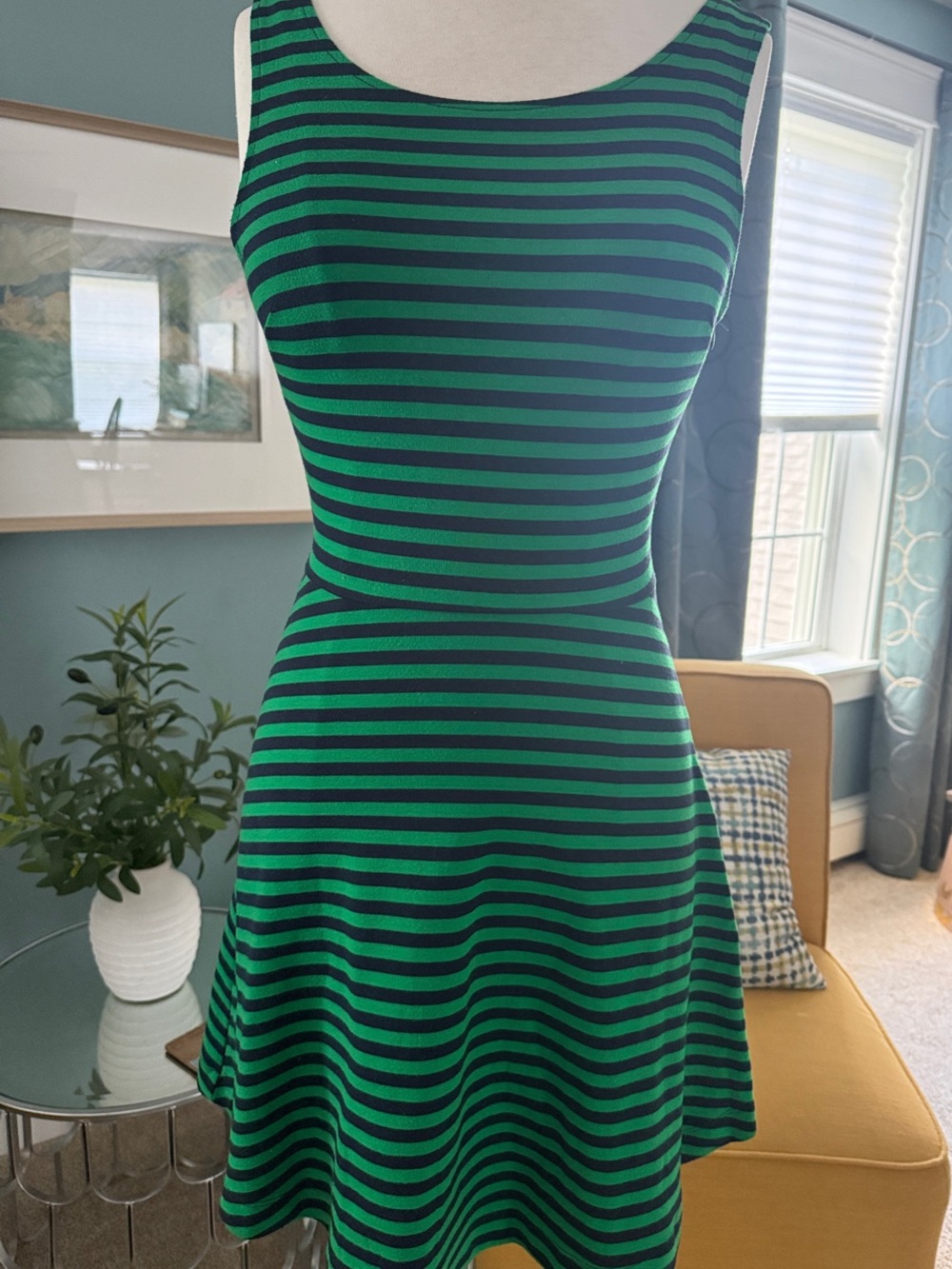 American Eagle Outfitters Green and Navy Striped Backless Fit & Flare Dress